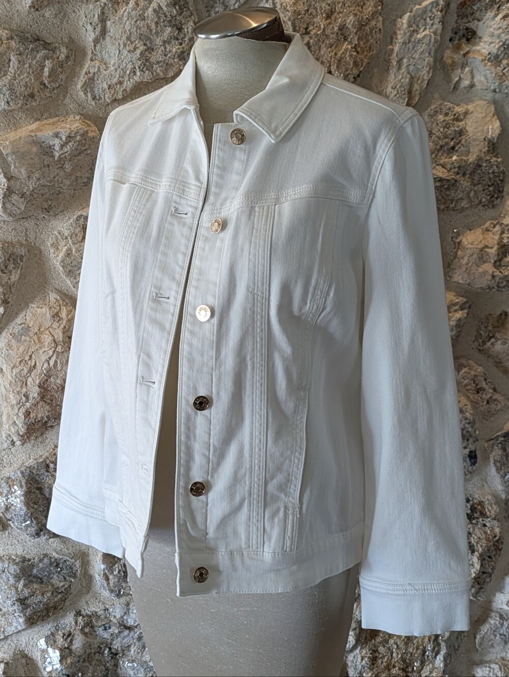 Chico's Classic White Denim Jacket with Metal Buttons